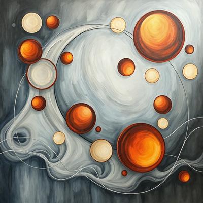 The primary subject of the image is a painting featuring a circle with multiple orange circles surrounding it. The setting is a dark background, which contrasts with the bright orange circles. The visual style is a painting, and the colors and mood are predominantly orange, creating a warm and vibrant atmosphere.